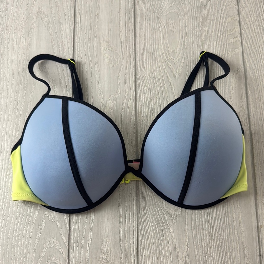 Victoria's Secret Light Blue and Neon Yellow Padded Swim Top